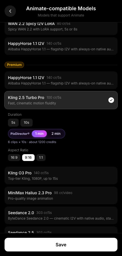 Model picker with Kling 2.5 Turbo Pro selected and PixDirector® 1 min chosen under Duration