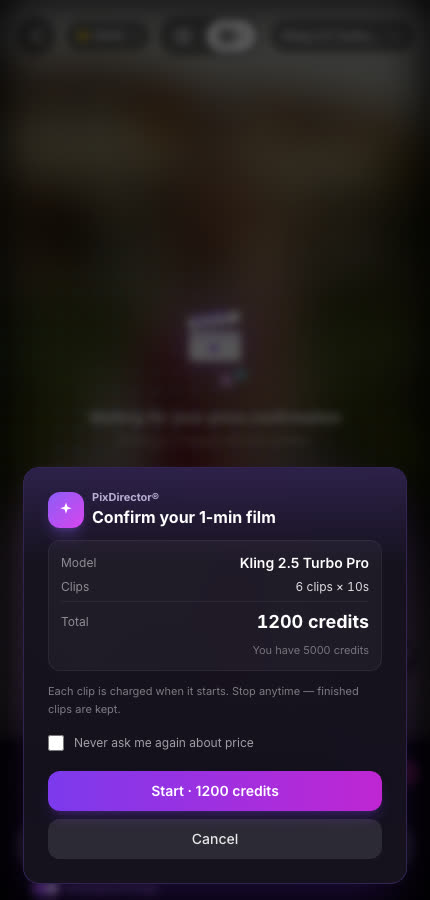 Price confirmation for Kling 2.5 Turbo Pro: 6 clips of 10 seconds, 1200 credits