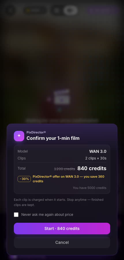 Price confirmation: WAN 3.0, 2 clips of 30 seconds, 840 credits after the 30% offer