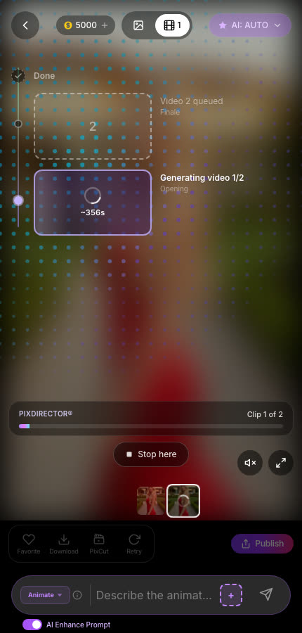 Timeline showing clip 1 of 2 generating with a Stop here button
